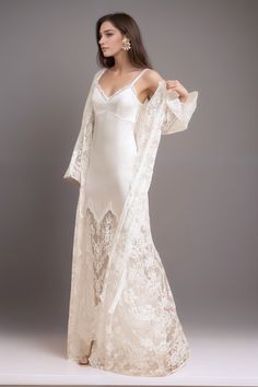 Chantilly floral lace long Lingerie Robe with silky satin lace nightgown Long Silk Nightgown, Kimono Gown, Bridal Nightgown, Lace Bridal Robe, Nightgown Sets, Gown Vintage, Silk Nightgown, Bridal Robe, Lace Nightgown