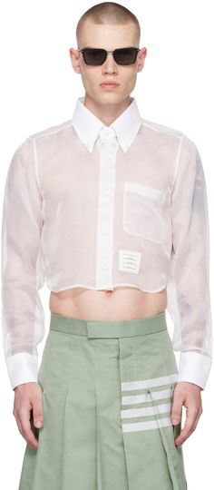 Thom Browne: White Cropped Shirt | SSENSE Thome Browne, Organza Shirt, Pocket Logo, Sheer Shirt, Cropped Shirt, Silk Organza, White Crop, Crop Shirt, Button Shirt