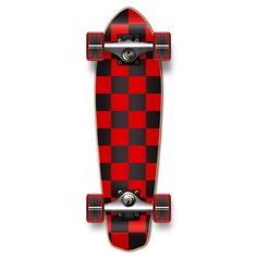 a red skateboard with black and white checkered design on it's bottom