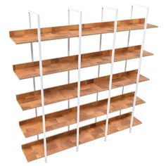 a wooden shelf with white metal legs and shelves on each side, against a white background