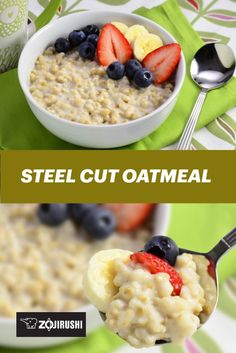 two bowls of oatmeal with strawberries and blueberries