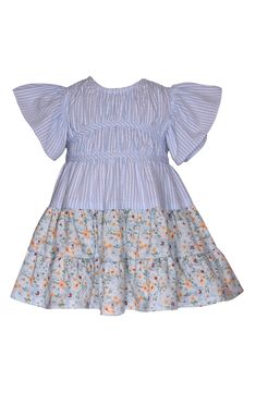 Get baby ready for the day in this flutter-sleeve dress with a striped seersucker bodice and a contrasting tiered floral skirt. Unlined Back button closure Bodice is 60% cotton, 40% polyester; skirt is 95% cotton, 5% spandex Machine wash, line dry Imported Summer Cotton Smocked Dress With Flutter Sleeves, Spring Dresses With Smocked Bodice And Ruffle Sleeves, Flutter Sleeve Smocked Dress With Ruffles For Garden Party, Summer Flutter Sleeve Smocked Dress For Garden Party, Summer Smocked Dress With Flutter Sleeves For Garden Party, Summer Garden Party Smocked Dress With Flutter Sleeve, Spring Cotton Smocked Dress With Ruffle Hem, Spring Ruffle Dress For Garden Party With Smocked Bodice, Cotton Smocked Dress With Ruffle Hem For Spring