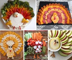 four different pictures with turkey, apples, carrots, and other foods on them