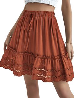 PRICES MAY VARY. Solid color, cut out lace design, elastic waist, pleated details, swing ruffle hem, plain flowy short skirt for women and girls. Relax fit, above knee, high waist, self tie knot. Scallop hem a line skirt with elastic waist design, bring you a comfotable day while highlight your body curve, make your leg look longer. Casual and cute style. Pair this pleated high waist swing short skirt with any tops, tee, blouse, shirt for a beautiful look. Elastic waist cut out lace short skirt Pleated Skirts Short, Terracotta Skirt, Amazon Skirts, Cottagecore Skirt, Casual Mini Skirt, Clothes Skirts, Ruffle Skirts, Pleated Skirt Short, Preppy Clothes