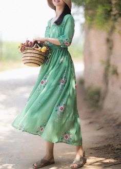 DIY V Neck Tie Waist Summer Quilting Dresses Wardrobes Green Print Long Dress - Omychic Cotton Dress Outfit, Cotton Dress Pattern, Long Skirt Casual, Print Long Dress, Summer Linen Dresses, Summer Fashion Dresses, Printed Long Dresses, Autumn Dress, Comfortable Room