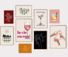 there are many posters on the wall with wine glasses and drinks in different colors,