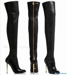 Orcajump - Solid Colored Slim High Heel Over-the-Knee Boots with Metal Zipper Detail Super High Heels, Pointed Heels, Zipper Detail, Over The Knee, Over The Knee Boots, Heel Height, High Heels, Zipper, Boots