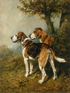 two dogs standing next to each other near a tree