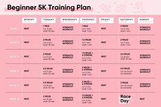 the beginner six training plan is shown with pink background and white text on it