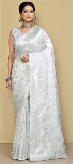 White and Off White color Saree in Georgette fabric with Weaving, Zari work White Traditional Wear For Marriage And Festivals, White Resham Embroidered Dupatta For Marriage, White Traditional Drape Wear For Marriage, White Traditional Drape For Marriage, Elegant White Dupatta For Marriage, White Traditional Wear With Zari Work For Marriage, Elegant Dupatta For Marriage, Elegant Dupatta For Wedding, Formal White Dupatta With Zari Work