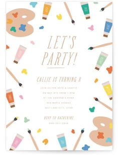 a party card with paintbrushes and makeup on it