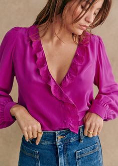 Long-sleeved silk shirt;V-neckline ;Embroidered band along placket and neckline;Slightly puffed sleeves tightened at wrist with button fastening;Length from neckline 63 cm / 24.8 in (for a 36) Bright Spring Clothes, Silk Tops Blouses, French Girl Style, Bow Blouse, Current Styles, Chambray Shirt, Work Wardrobe, Green Silk, Office Outfits