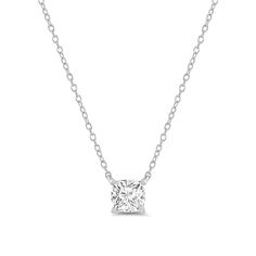 Add glamour to your day-to-day routine through this cushion solitaire necklace. This white gold piece features cushion-cut diamond on a four-prong basket setting. Light and bright, this piece shines without being too showy for everyday wear. Classic Sterling Silver Solitaire Necklace With Square Pendant, White Gold Necklace With Single Diamond, Classic White Diamond Necklace With Square Pendant, Classic White Diamond Square Pendant Necklace, Classic Radiant Cut Solitaire Necklace In White Gold, Classic White Gold Solitaire Necklace With Radiant Cut, Classic White Gold Radiant Cut Solitaire Necklace, Classic Radiant Cut Single Diamond Necklace, Classic White Square Pendant Diamond Necklace