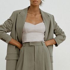 So Chic! Neutral Color Looks Great Under Blazer Or Cardigan Corset Style Very On Trend Corset Under Blazer, Chic Khaki Tops From Zara, Chic Khaki Zara Tops, Chic Taupe Tops For Spring, Spring Taupe Tops For Workwear, Cruise Fits, Purple Bodysuit, Cold Shoulder Crop Top, Leather Crop Top