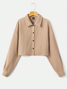 Mocha Brown Casual Collar Long Sleeve Woven Fabric Plain Shirt Embellished Non-Stretch  Women Clothing Beige Collared Shirt Solid Color, Beige Solid Color Collared Shirt, Beige Long Sleeve Top With Buttons, Beige Button-up Solid Color Top, Beige Long Sleeve Button Shirt, Beige Solid Color Button-up Top, Beige Button-up Top With Placket, Collared Beige Top With Buttons, Beige Collared Tops With Buttons