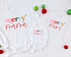 Mommy Me Christmas Outfits, Mom And Me Christmas Shirts, Merry Mama Shirt, Mama And Mini Christmas Shirts, Family Matching White Holiday Tops, White Family Matching Holiday Tops, Family Matching White Tops For Holiday, White Family Matching Tops For Holidays, Family Matching White Christmas Tops