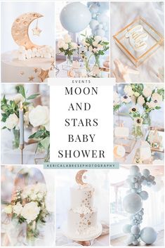 the moon and stars baby shower theme is shown in white, blue, and gold