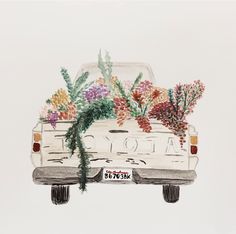 a drawing of a car with flowers in the back