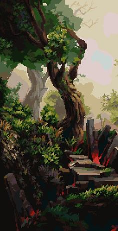 a digital painting of a forest scene with trees and steps leading up to the water