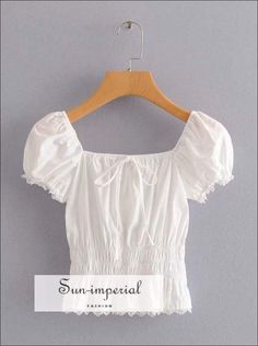 White Vintage Short Sleeve top with Center Bow Elastic Waist Women Blouse White Top Short Sleeve, White Cottage Core Top, White Ruffled Top, Vintage White T Shirt, White Frilly Top, White Vintage Blouse, White Blouse Short Sleeve, White Summer Top, Frilly Shorts