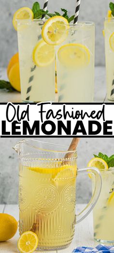 old fashioned lemonade in glasses with straws and lemons on the table next to it