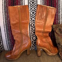 Vintage 1970s Sbicca Platform Heel Leather Boots Size 7.5. An Amazing Find! In Great Lovingly Worn Condition. Camel Color. Come From Smoke Free Environment. Will Consider All Reasonable Offers! Vintage Block Heel Boots For Spring, Vintage Boots With Block Heel For Spring, Retro High Heel Leather Boots, Retro Leather Boots With Leather Lining, Vintage High Heel Boots With Stacked Heel, Vintage Boots With Stacked Heel And Almond Toe, Vintage Boots With Leather Lining And Medium Width, Vintage Almond Toe Boots With Stacked Heel, Vintage Boots With Stacked Heel And Round Toe