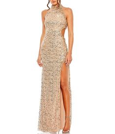 Mac Duggal Sequin Beaded Halter Neck Sleeveless Side Cut-Out Gown | Dillard's Robe Fuchsia, Champagne Formal Dresses, Vestidos Color Coral, Modest Formal Dresses, Red Sequin Dress, Navy Blue Bridesmaid Dresses, Gold Prom Dresses, Blue Sequin Dress, Long Formal Dress