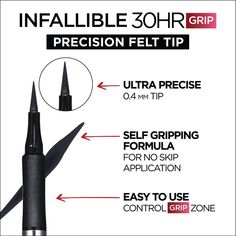 Up to 30HR wear. Easy Application. Waterproof, smudge-resistant. Define and line your eyes with vibrant color that lasts. L’Oreal Paris’s Infallible Grip liquid eyeliner glides effortlessly across lids to deliver a smudge-proof, sharp line that lasts up to 30 hours. With five shades to choose from you can find a color with hyper-pigmented intensity for any classic or bold look. Apply along upper & lower lash lines from inner to outer corner to frame and define your eyes. Loreal Paris Infallible, Lower Lashes, Felt Tip, Waterproof Eyeliner, Liquid Eyeliner, L Oreal, Loreal Paris, Your Eyes, Eyeliner