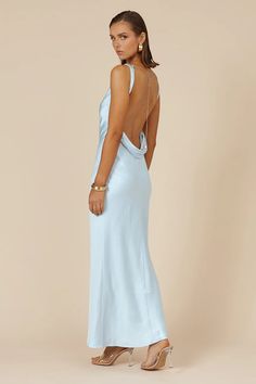 SAMSARA DRESS - LIGHT BLUE – us.runawaythelabel.com Formal Light Blue Dress, Wedding Guest Dress Light Blue, Light Blue Ball Dress, Wedding Guest Dress Open Back, Baby Blue Dresses Formal, Baby Blue Dress Formal, Baby Blue Formal Dress, Open Back Formal Dress, Light Blue Dress Formal