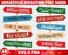 christmas direction post signs with snowflakes and stars in the background, on wooden planks