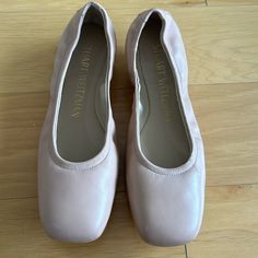 Brand New Never Worn Size 8.5 Ballet Flats Leather Square Toe Slight Heel Slip On Rubber Sole Made In Spain Pink Calf Leather Heels With Branded Insole, Feminine Leather Heels With Square Toe, Pink Leather Square Toe Heels, Feminine Blush Leather Heels, Blush Leather Heels With Round Toe, Pink Leather Slip-on Heels, Pink Almond Toe Leather Heels, Pink Slip-on Heels With Leather Sole, Regency Fashion