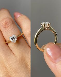 a woman's hand holding an engagement ring with a diamond on it and the other side