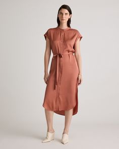 The ultimate day-to-night dress, our Washable Stretch Silk Midi Shirt Dress is crafted from best-in-class mulberry silk with a hint of stretch. We gave the classic shirtdress silhouette a modern update with a band collar, short dolman sleeves, and a rounded hem. Luxuriously soft to the touch with a gorgeous drape and customizable belted waist, this midi-length style is designed to flatter and feel good. Elegant Rayon Shirt Dress For Daywear, Elegant Rayon Shirt Dress For Summer, Elegant Viscose Shirt Dress For Daywear, Casual Silk Midi Dress For Work, Casual Silk Dress For Work, Silk Dresses For Work, Navy And Copper, Classic Shirt Dress, Day To Night Dresses