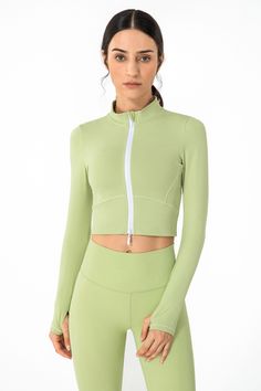 Color_Fruit Green Long Sleeve Cropped Top, Crop Top Jacket, Yoga Crop Tops, Cropped Long Sleeve Top, Tunic Shirt, Thumb Holes, Cropped Top, Spring And Fall, Athletic Women