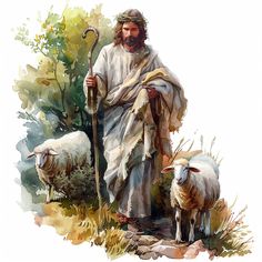 a watercolor painting of jesus walking with his sheep and holding a staff in front of him