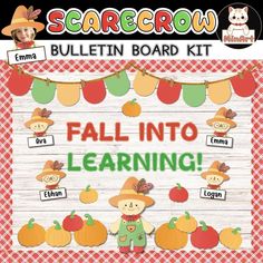 the scarecrow bulletin board kit includes pumpkins, apples and other fall themed items