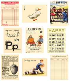 several postcards with pictures of farm animals and people on them, including pumpkins