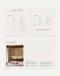 two pages showing the interior and exterior of a kitchen with an island in the middle