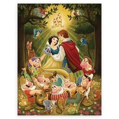 snow white and prince surrounded by dwarfs in the forest, with other disney characters surrounding them