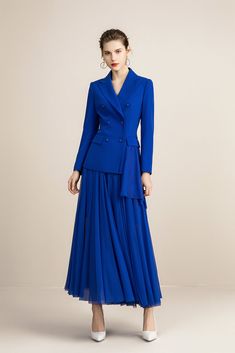 Royal Blue V-neck With Pleated Skirt Blazer Skirt Suits - FashionByTeresa Blazer With Skirt, Royal Blue Outfits, Royal Blue Suit, Maxi Dress Collection, Skirt Suits, Trend 2024, Royal Outfits, Blazer And Skirt, فستان سهرة