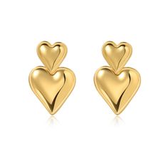 Fall in love with the Brynn Heart Earring! This stunning piece features a double heart drop design crafted from precious metal. Show your style with this unique and elegant earring– sure to turn heads! 1.3" drop 18k gold plated over stainless steel Hypoallergenic Water & tarnish resistant Earrings Gold Heart, Geometric Jewellery, Locket Earrings, Modern Tv Wall, Engagement Gifts For Her, Heart Earring, Birthday Postcards, Spring Set, Drop Design