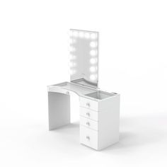 a white vanity with drawers and lights on it