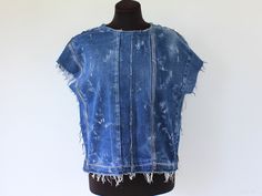 This boro ripped denim top made is amazing art thing, OOAK style.  Designer blue short shirt is unisex for woman or man. Measurements: Length - 22 inches - 56 cm Underarm to underarm - 21.5 inches - 55 cm Width at the bottom - 21.5 inches - 55 cm Width at the top - 24 inches - 61 cm The material is thoroughly cleaned and restored. Created in a pet-free and smoke-free home! There may be some color discrepancies which is due to the different monitor settings. More art denim patchwork clothing plea Blue Denim Top, Patchwork Clothing, Bleached Jeans, Denim Projects, Jean Shirt, Shirt Art, Recycled Denim, Denim Patchwork, Ripped Denim