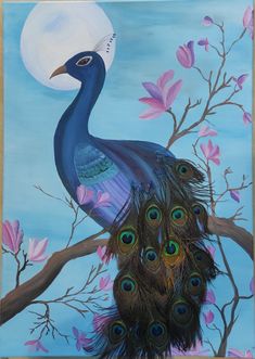 a painting of a peacock sitting on a tree branch