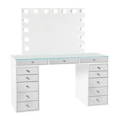 a white dressing table with drawers and a mirror on the top, all in front of a white background