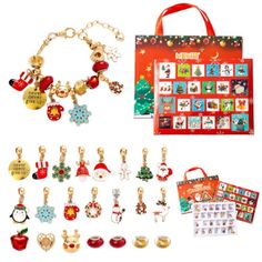 a christmas themed bag with lots of charms and magnets on the front, along with other items