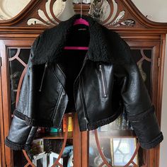 Cropped Black Leather Sherpa-Lined Jacket. Nwot. Black Edgy Outerwear With Faux Fur Trim, Black Biker Jacket With Faux Fur Lining For Spring, Black Biker Jacket For Spring, Sherpa Lined Jacket, Sherpa Lined, Leather Jackets, Black Leather, Leather Jacket, Jackets For Women