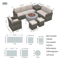 an outdoor furniture set with seating and fire pit is shown in the diagram below it's measurements