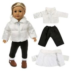 an american girl doll wearing white jacket and black pants