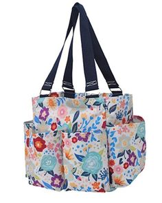 a multicolored floral bag with three pockets on the front and one pocket in the back